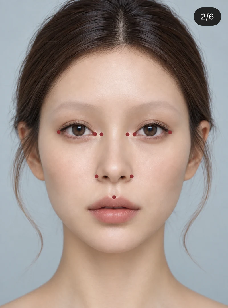 AI 모델의 얼굴에서 눈매와 중심 기준점을 확인하는 디자인 예시